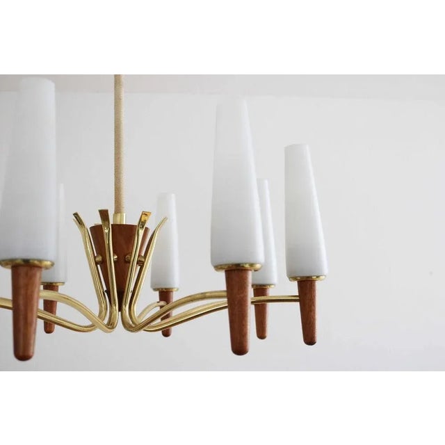 Danish Modern Teak, Brass and Opal Glass Chandelier from Temde For Sale - Image 6 of 11