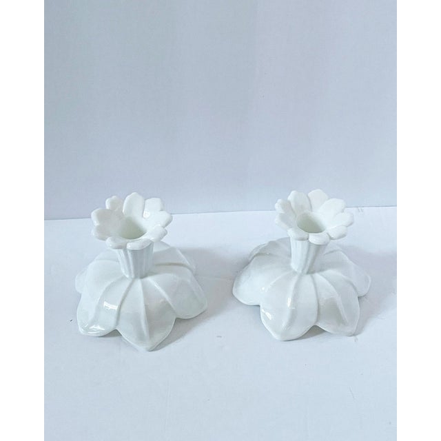 MidCentury Milk Glass Candle Stick Holders in the Shape of a Flower