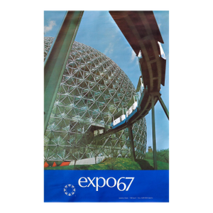 1967 Montreal Vintage Poster, Expo 67, Blue Background With Biosphere + Monorail