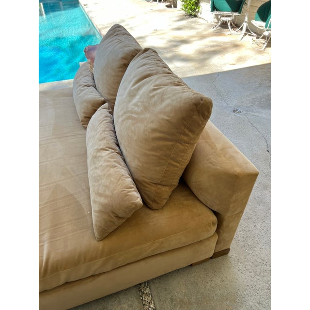 Wood Custom Camel Microsuede Square Daybed or Double Chaise Lounge With Down Pillows For Sale - Image 7 of 12