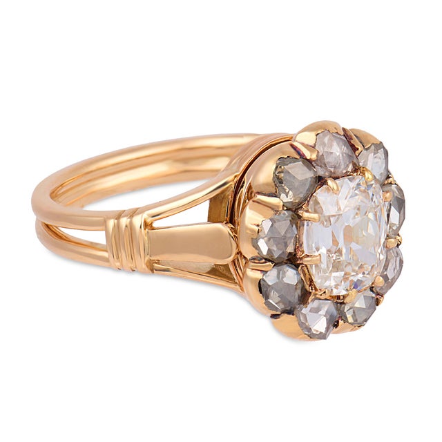 Victorian Antique Gia 1.00 Carat Old Mine Cut Diamond 14k Yellow Gold Cluster Ring, Size 5.25 For Sale - Image 3 of 7