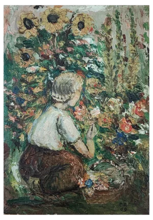 C.A., Jeune fille cueillant des fleurs, 1909, Oil on Canvas
