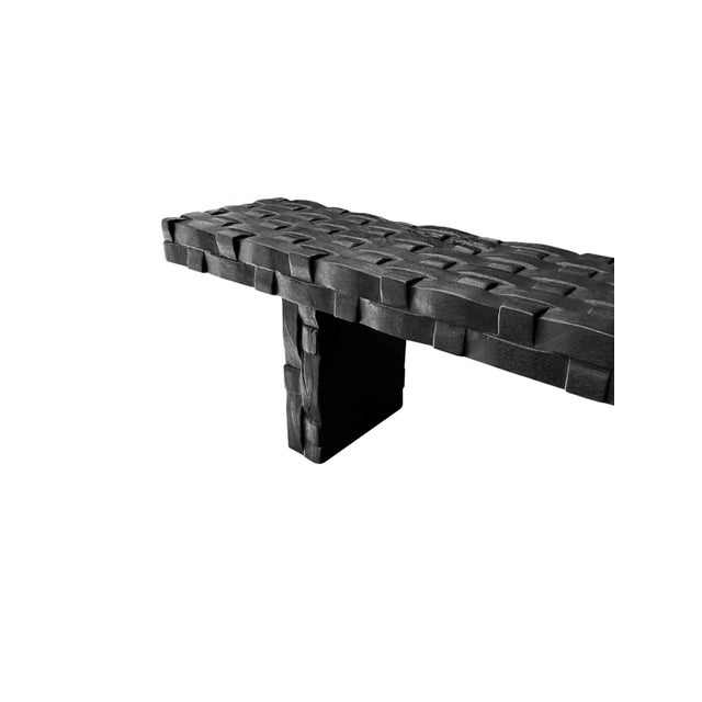 Wood Sculptural Mango Wood Bench, Carved Detailing, Burnt Finish Modern Organic For Sale - Image 7 of 8