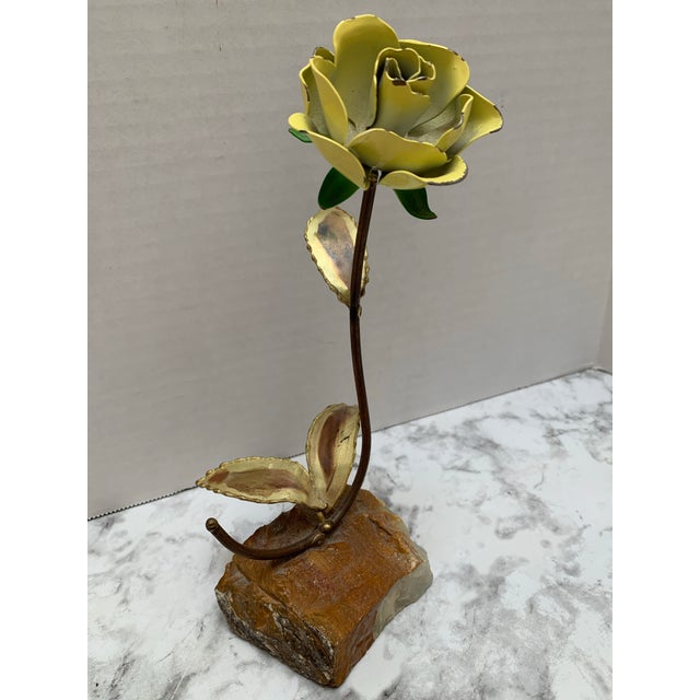 Vintage Midcentury metal yellow rose decor accent with copper leaves and quartz stone base.
