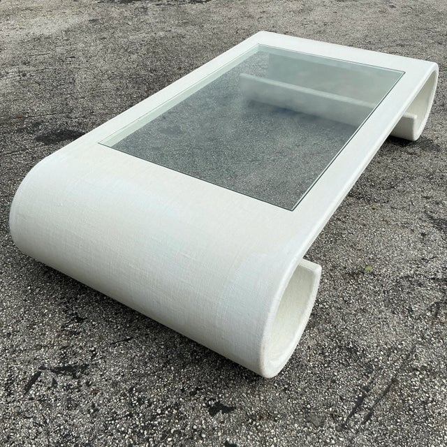 Vintage Boho Linen Wrapped Scroll Coffee Table For Sale - Image 10 of 11