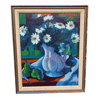 Vibrant Mid Century Summer Still Life Oil Painting Dated 1975 For Sale