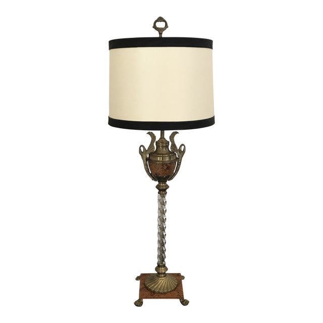 John Richards Twisted Lucite and Faux Burled Walnut Footed Brass Lamp