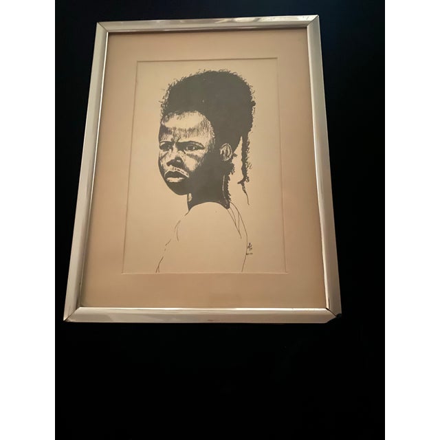 1970s Black Art Framed Black and White Portrait Drawing of a Young Person For Sale - Image 9 of 12