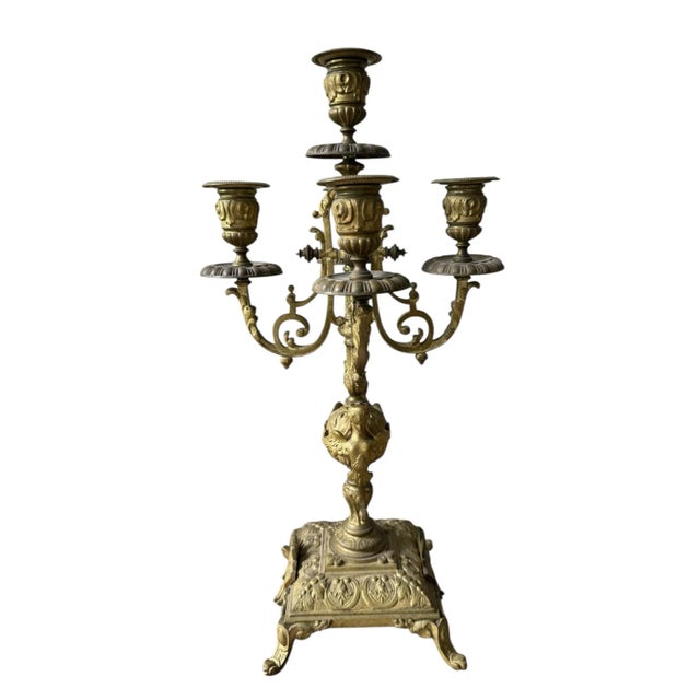 Metal 1940s Brass Candelabra Pair With Five Arm Design in Rococo Style For Sale - Image 7 of 12