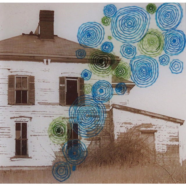 This artwork features a hauntingly beautiful depiction of a weathered house, its faded façade contrasting with vibrant...