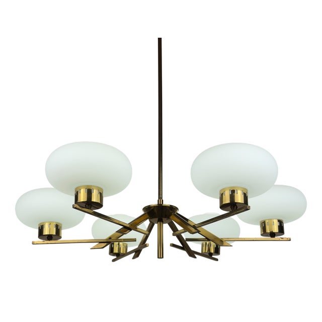 Mid-Century Brass and Opaline Glass Chandelier from Stilnovo, Italy, 1970s For Sale