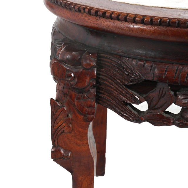 Early 20th Century Chinese Deeply Carved Hardwood & Inset Marble Round Plant Stand For Sale - Image 6 of 8