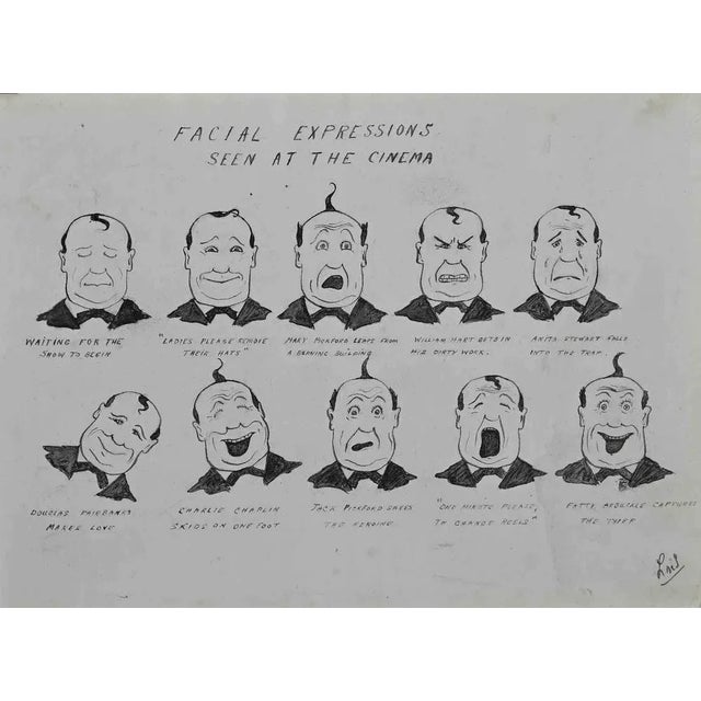 Facial Expressions Seen at the Cinema is an original China Ink Drawing realized by an artist in 1940s. Signature...