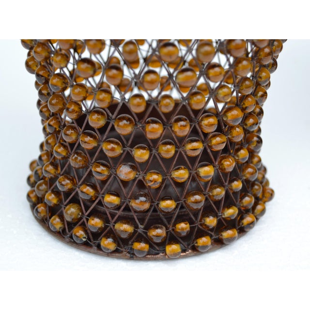 Set 2 Vintage Decorative Amber Gemstone Beaded Lattice Hourglass Shaped Candle Holders For Sale - Image 11 of 15