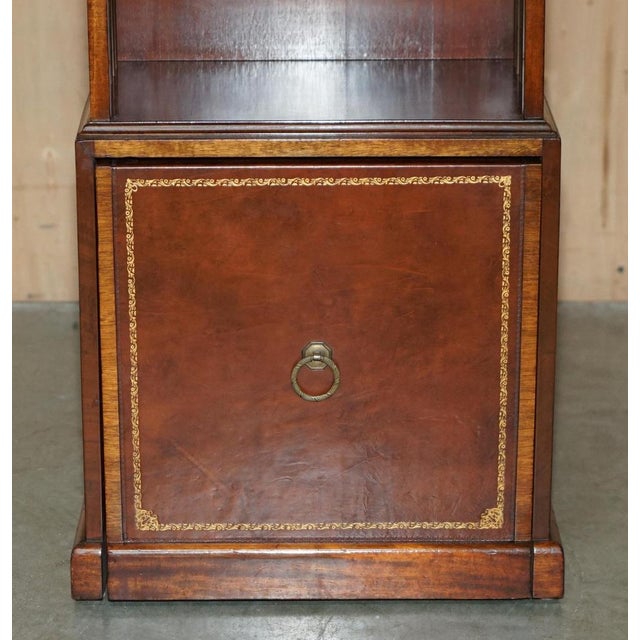 Flamed Hardwood & Brown Leather Sliding Book Tables, Set of 2 For Sale - Image 17 of 18