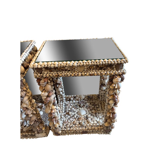 Pair of Italian Baroque Grotto Style Mirrored Console Seashell End Tables For Sale - Image 4 of 10