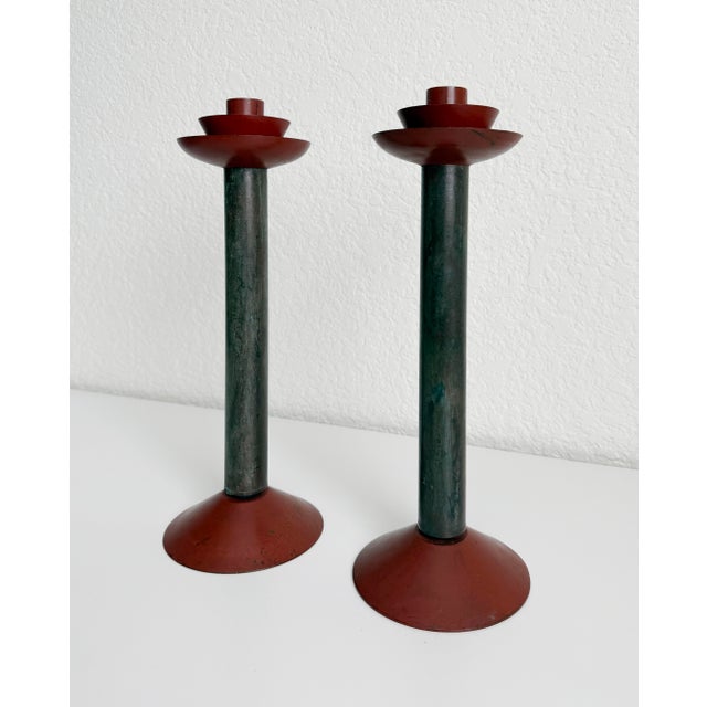 Metal Postmodern Memphis Milano Style Candle Holders, a Pair, Late 20th Century For Sale - Image 7 of 12