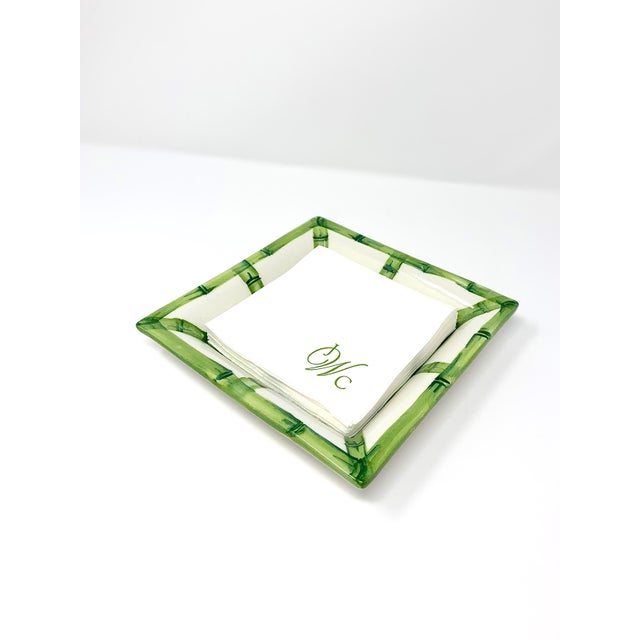 Fret Rim Tray — Italian Hand-Painted Ceramic, Bamboo Motif, Green For Sale - Image 4 of 5