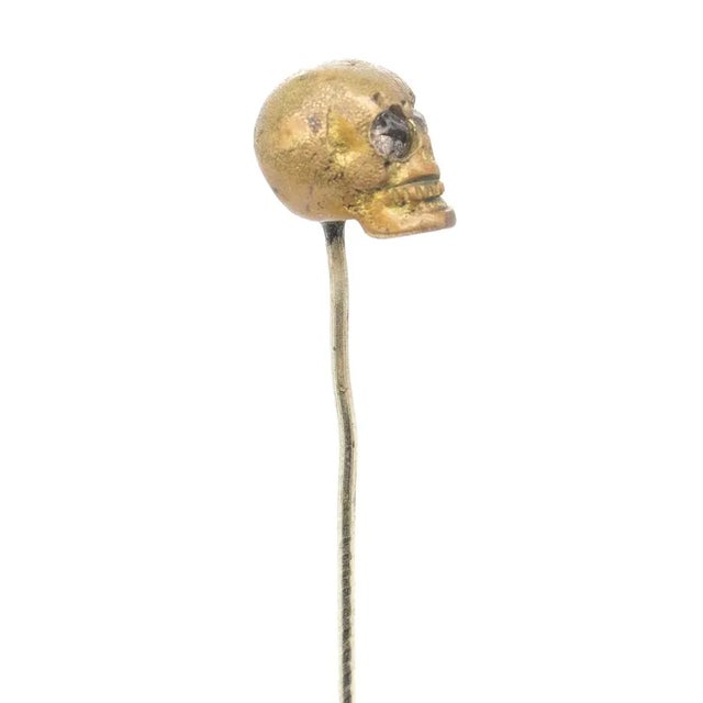 Metal Old or Antique Estate Bronze Skull Memento Mori Stick Pin With Glass Eyes For Sale - Image 7 of 12