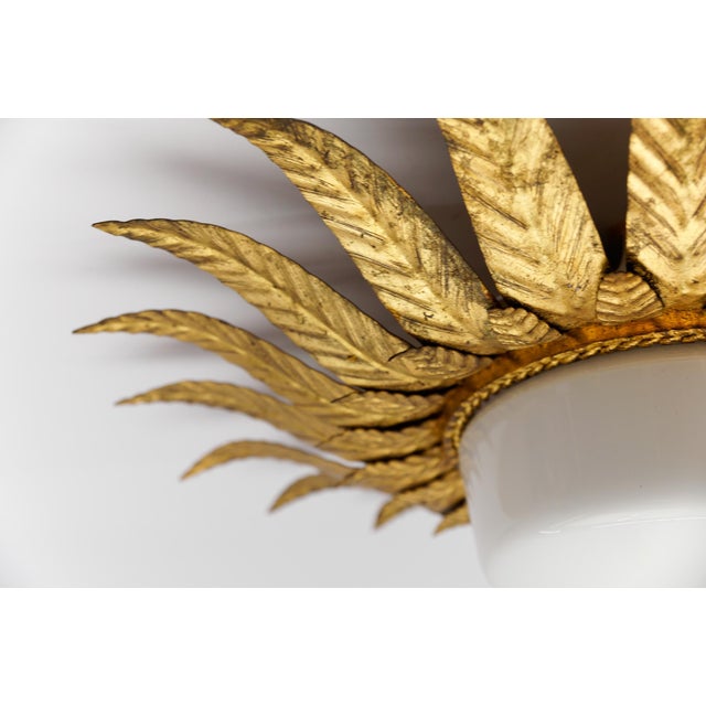 Gold Mid-Century Modern Sunburst Ceiling Lamp in Metal and Milk Glass, Italy, 1960 For Sale - Image 8 of 10