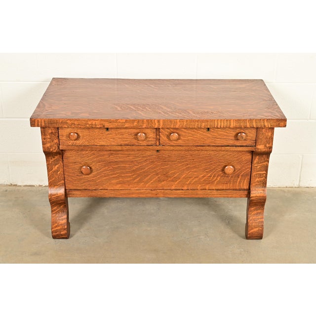 Victorian Antique American Empire Carved Tiger Oak Lowboy Dresser, Circa 1900 For Sale - Image 3 of 11