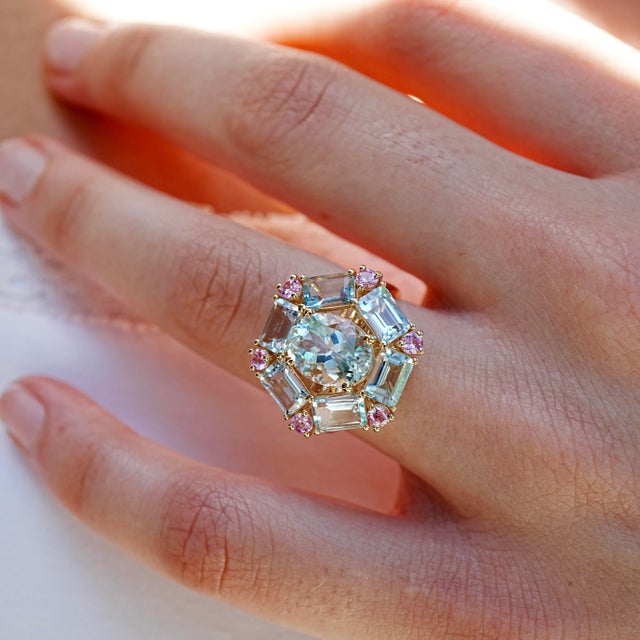 14K Yelllow Gold Natural Aquamarine｜Sky Blue｜Oval & Emerald-Cut｜Eye Clean Aquamarine CTW: 5.60 Natural Pink...