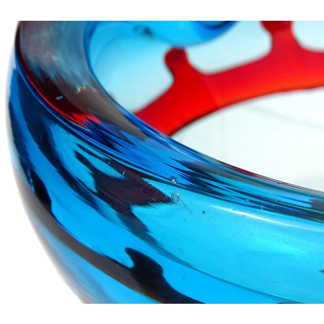 Fratelli Toso Murano Blue With Red Crown Decor Flower Millefiori Center Italian Art Glass Bowl Ashtray For Sale - Image 10 of 10