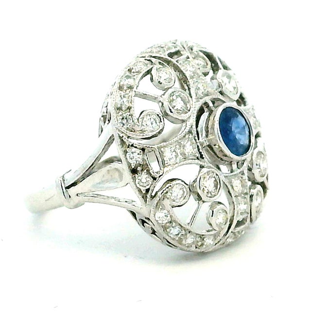 Silver Antique-Style 14K White Gold Sapphire & Diamond Filigree Ring For Sale - Image 8 of 12