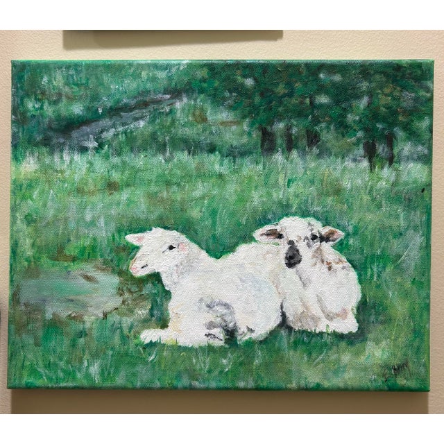 Acrylic on canvas painting of sheep in meadow by Elizabeth Berry. Signed E. Berry. Measures 11x14