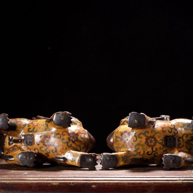 Pair of Vintage Cloisonné Enamel Pixiu Statues With Gilt Bronze Accents For Sale - Image 9 of 9