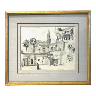 Leonard Scheu Impressionist Architectural Figures Signed Drawing Gouache For Sale