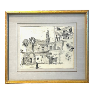 Leonard Scheu Impressionist Architectural Figures Signed Drawing Gouache