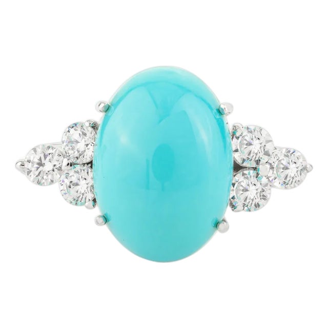 Mid-Century Turquoise & Zircon Ring in 925 Sterling Silver Size 7 For Sale