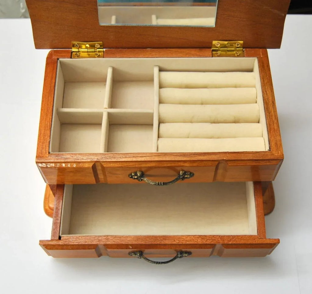 Vintage Wood Jewelry Box With Drawers and Mirror | Chairish
