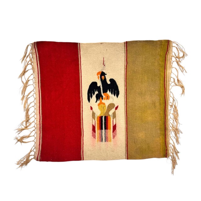 Up for sale is a beautiful, authentic vintage/antique Mexican "Bandera" (Flag) style pictorial Saltillo serape mat, dating...