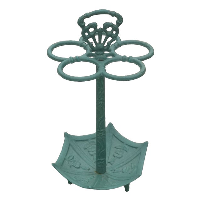 Green Cast Iron Umbrella Stand with Handle, 1920s For Sale