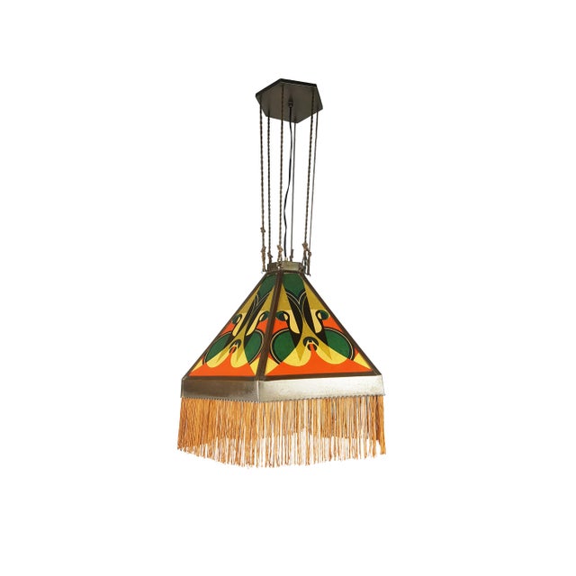 Art Deco Copper & Printed Glass Pendant Lamp attributed to the Amsterdam School, 1920s For Sale - Image 16 of 16