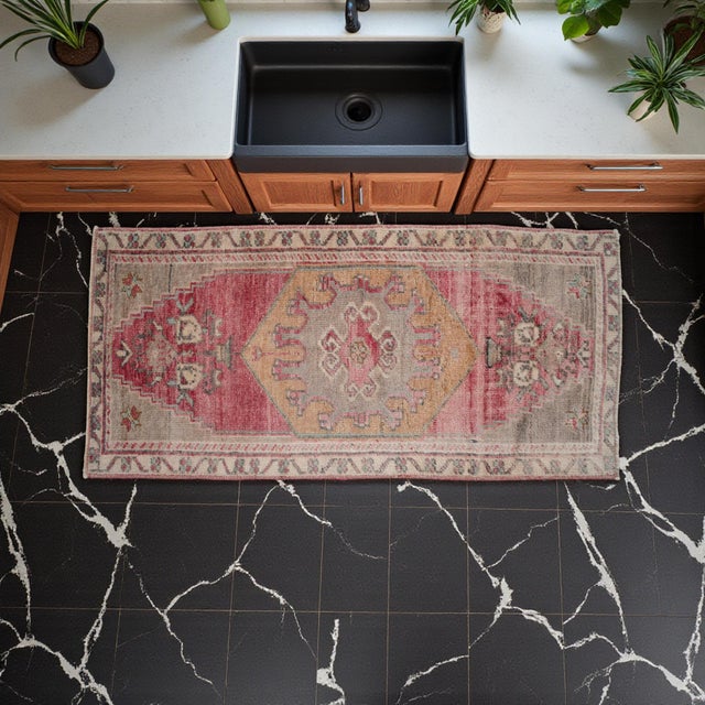 Farmhouse Vintage Turkish Small Rug Pink Beige Hand Knotted Turkish Accent Rug Door Mat 1'6"x3'1" For Sale - Image 3 of 13