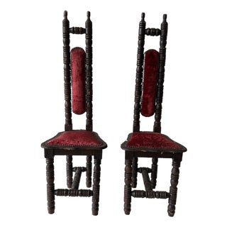 Vintage Spanish Revival Prayer Chairs With Red Velvet Upholstery – Pair For Sale
