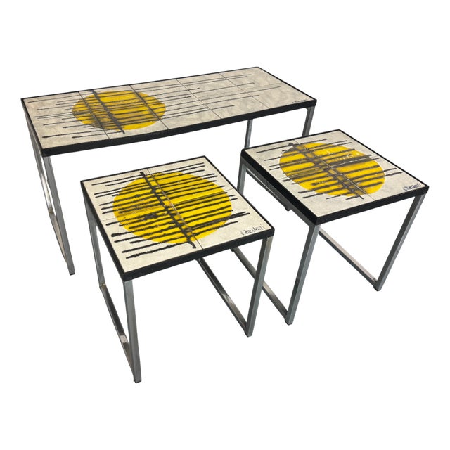 Vintage Chromed Steel and Ceramic Belarti Coffee Table with Side Tables by Juliette Belarti, 1960s, Set of 3 For Sale