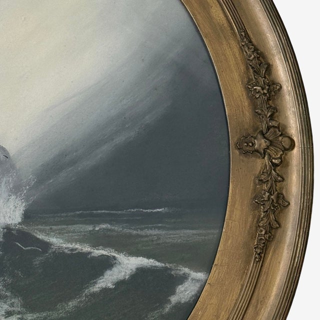 Antique Oval Romantic Stormy Seascape With Crashing Waves, Signed (Pastel on Paper) For Sale - Image 4 of 7