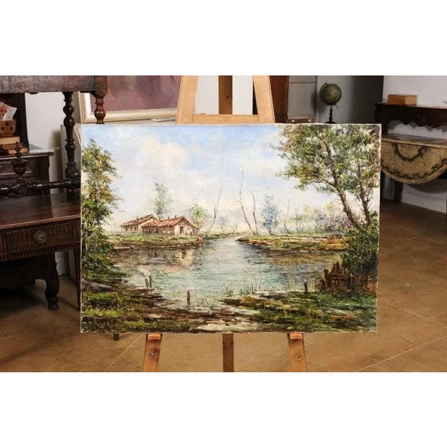Impressionist 19th Century Austrian Oil Painting Depicting a Hamlet Along a Stream by Anton Brioschi For Sale - Image 3 of 11