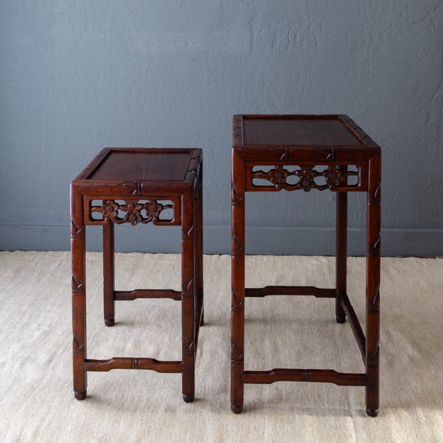 Asian Rosewood Nesting Tables With Carved Bamboo Bird and Flower Fretwork For Sale - Image 13 of 18