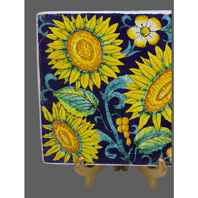 Vintage Hand Painted Terra-Cotta Sun Flower Tuscan Wall Hanging Tile Trivet For Sale - Image 4 of 10