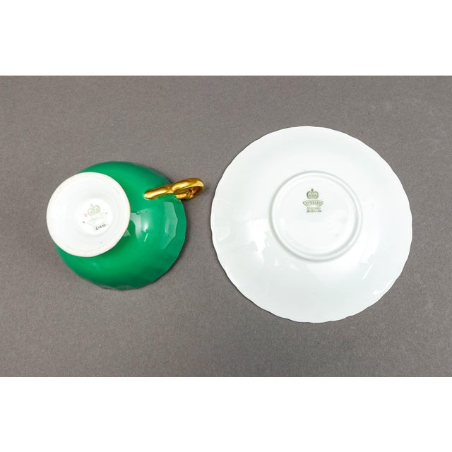 Anysley j.a. Bailey Signed Vintage Pink Cabbage Rose Green Gold Tea Cup & Saucer For Sale - Image 9 of 12