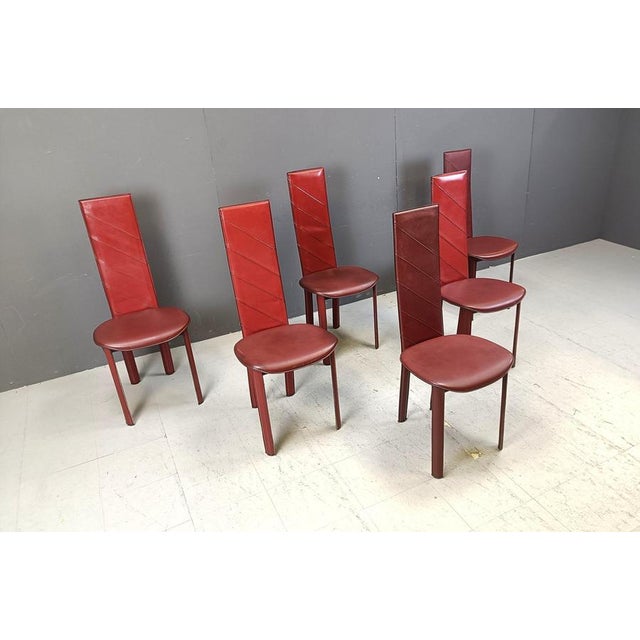 Animal Skin Vintage Italian Red Leather High Back Dining Chairs, 1980s, Set of 6 For Sale - Image 7 of 13