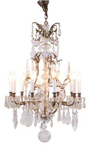 Antique Crystal Chandelier in Gilt Bronze with Louvre Style Decorations, 1920s