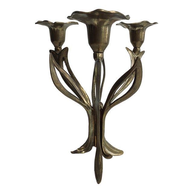 Art Deco Floral Brass Candleholder For Sale