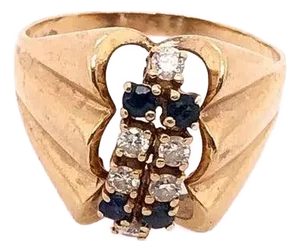 14 Karat Yellow Gold Contemporary Ring With Sapphire and Diamonds, Size 8