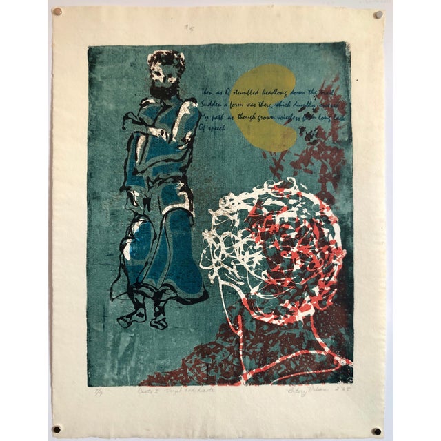 Vintage Vibrant Mod Divine Comedy Dante Virgil Woodblock Woodcut Print, c.1960-1970s For Sale In Miami - Image 6 of 6